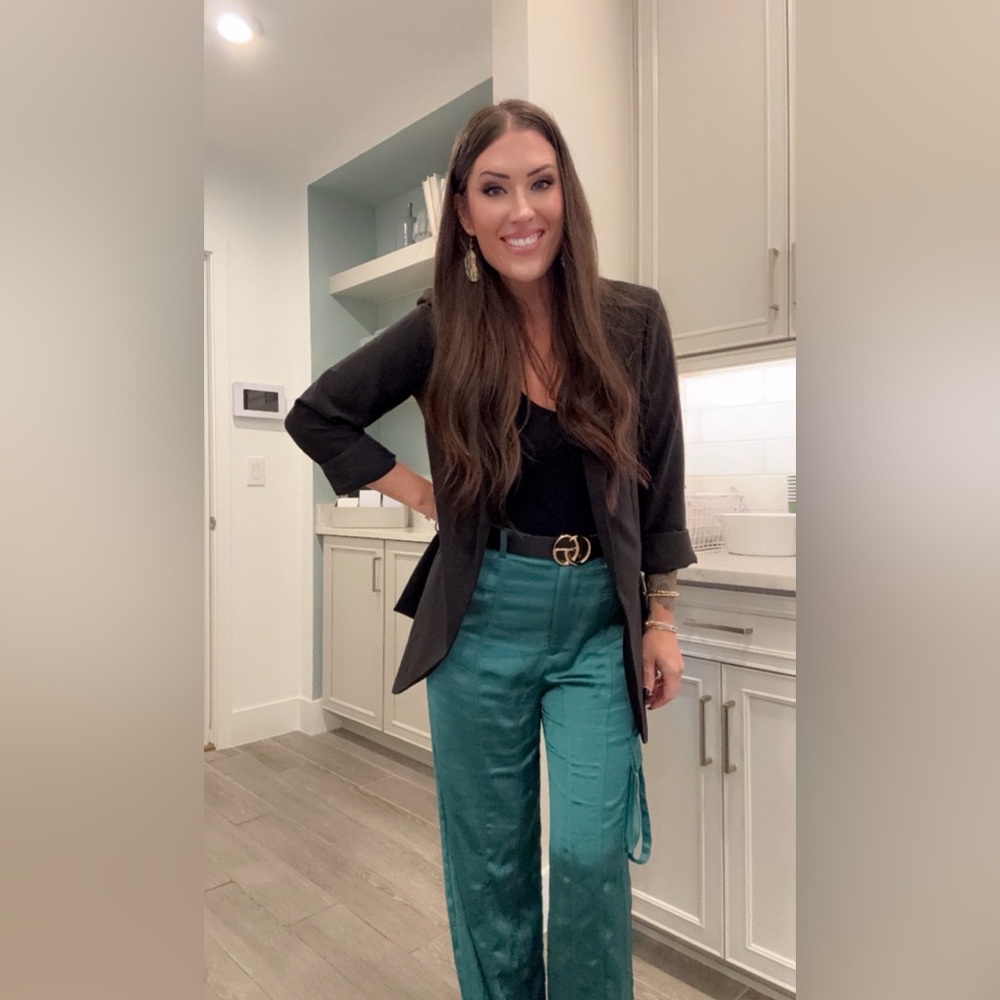 Satin High-Waist Wide-Leg Pants in Teal